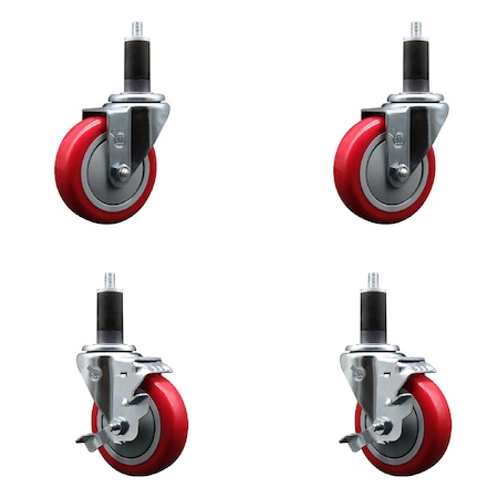 Service Caster 4'' SS Red Poly Wheel Swivel 1-1/4'' Expanding Stem Caster Set 2 Brakes, 4PK SCC-SSEX20S414-PPUB-RED-2-TLB-2-114